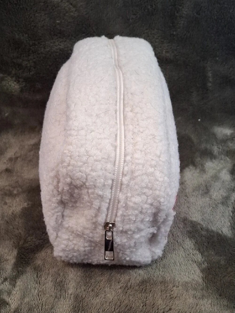 White Plush Cosmetic Pouch with Colorful 'HAPPY' Embroidery
